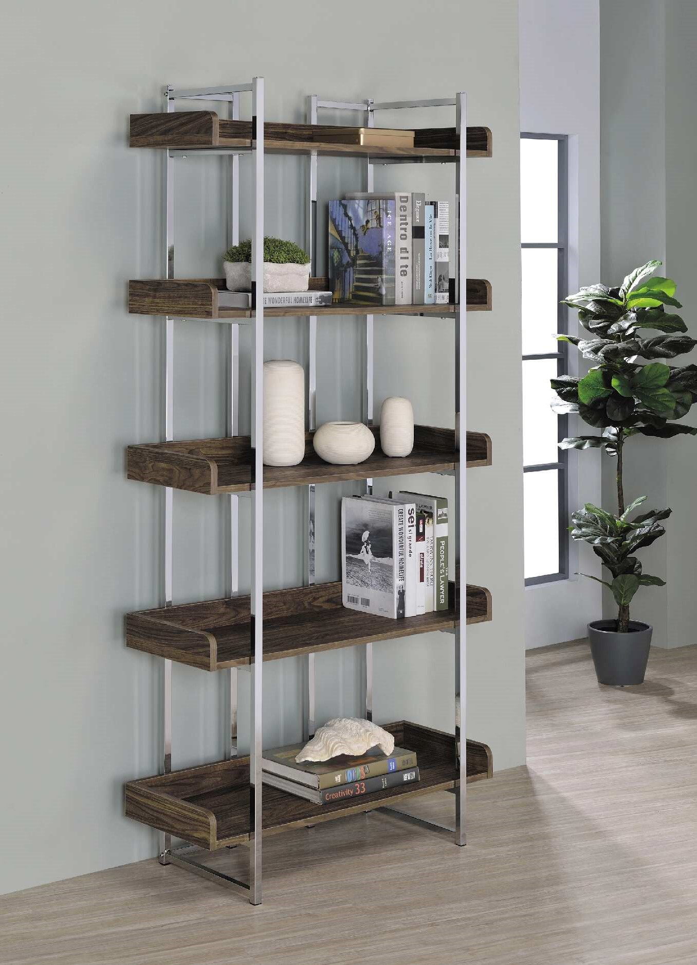Angelica 5-Shelf Bookcase Walnut And Chrome